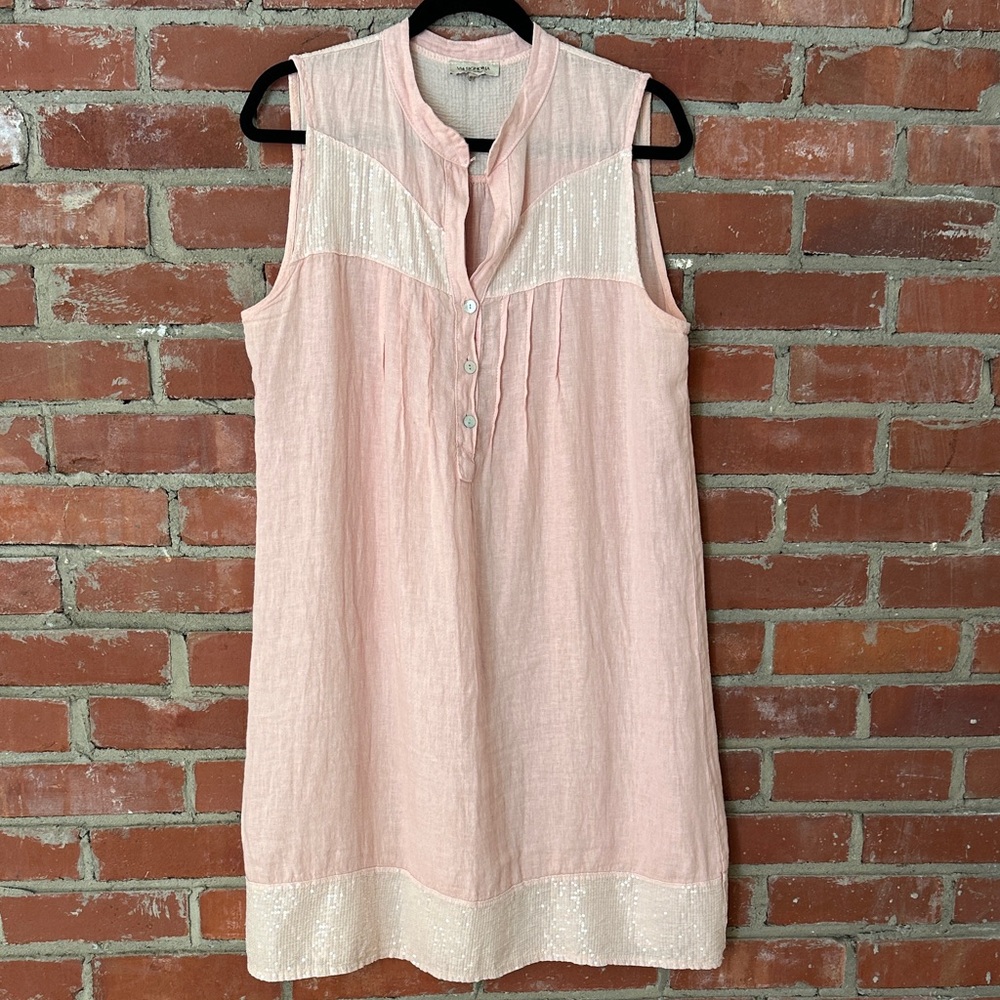 Sleeveless Pink Linen Button-Up Dress with sequin trim